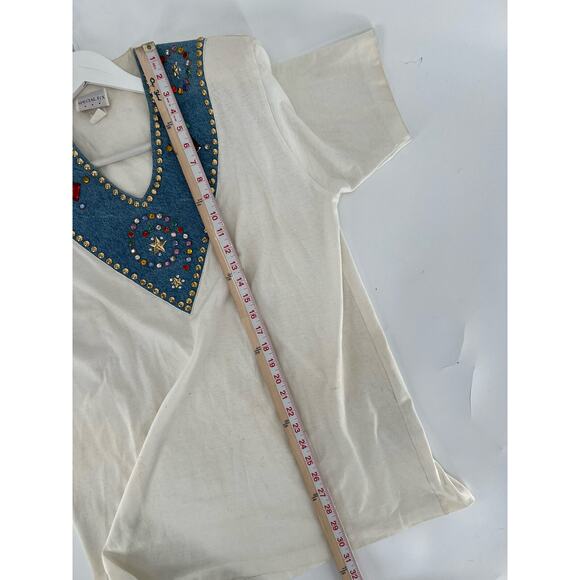 Special F/X Vintage Blouse Womens XL White Denim Beaded Neckline V Neck Studded - Picture 16 of 16
